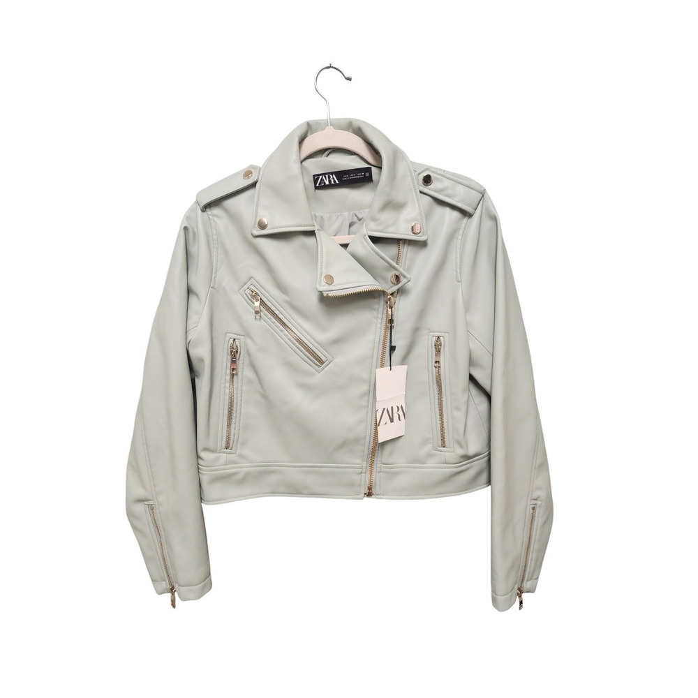 Zara Womens Faux Leather Biker Moto Jacket Mint Green Gold Zip NWT Size L